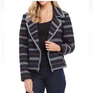 Karen Kane Fringe Trim Striped Tweed Blazer Jacket  Sz Med